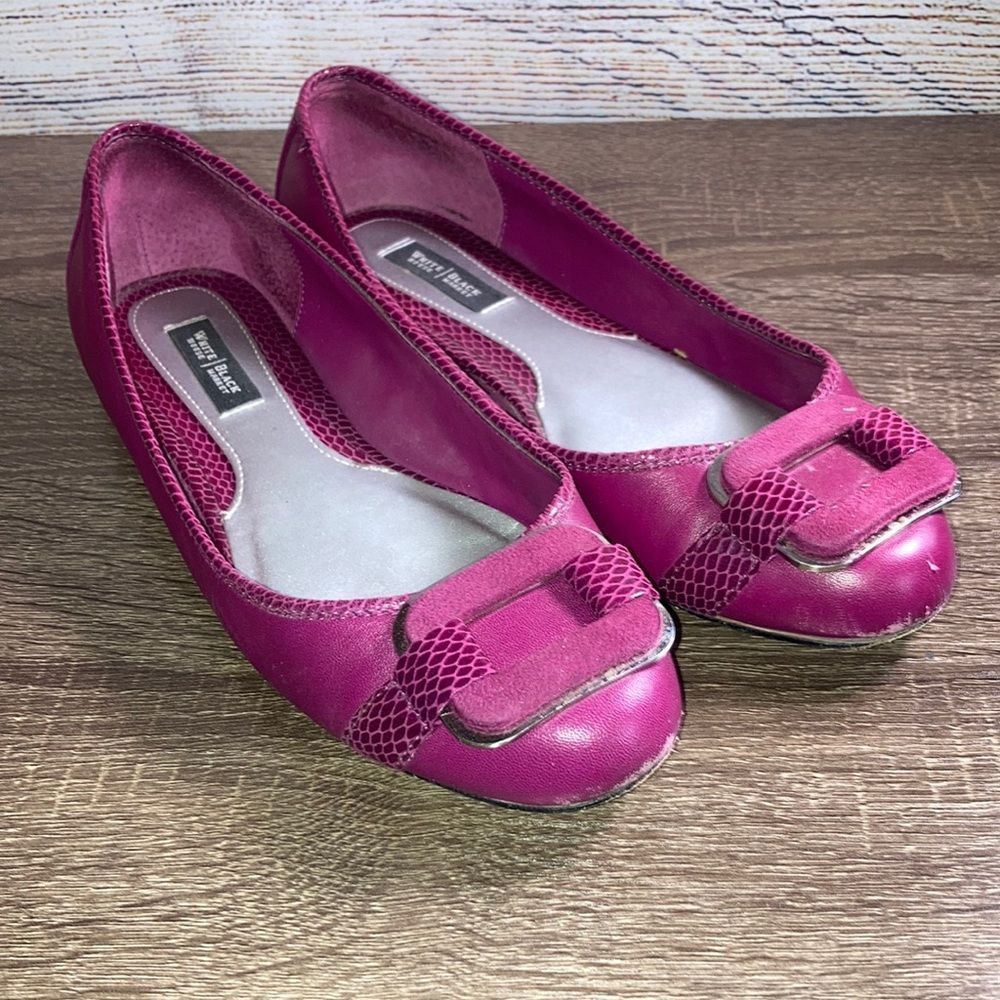 White House Black Market 8 M Lidia Magenta Pink Leather Snakeskin Buckle Flats